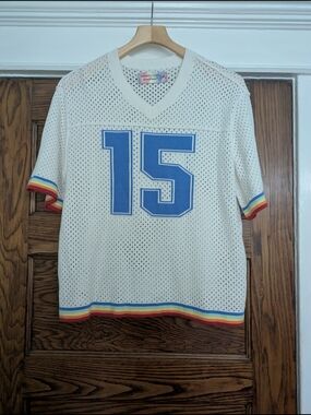 White Mesh Jersey Top with Blue '15' and Rainbow Trim
